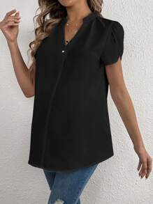 SHEIN Maternity Summer Casual Notched Button Front Short Sleeve Shirt With Notched Collar - Black - View 4