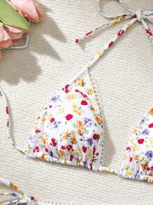 Swim Mod Summer Women's Small Flower Print Halter Bikini Set With Random Flower Pattern