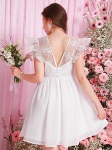 SHEIN Teen Girl Embroidered Mesh Splice Chiffon Swing Dress With V Neck Back And Short Flutter Sleeves - White - View 2