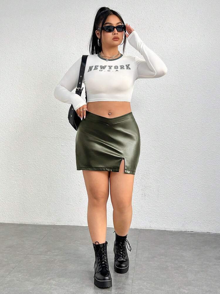 Plus Size Women's Solid Color Pu V Waist Split Skirt For Summer