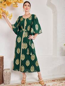 Al Najma NỮ Dài Tiếng  Ả Rập Phong cách Đầm Với Vòng cổ , Ruffled Và In hoa - màu xanh lá - Xem 5