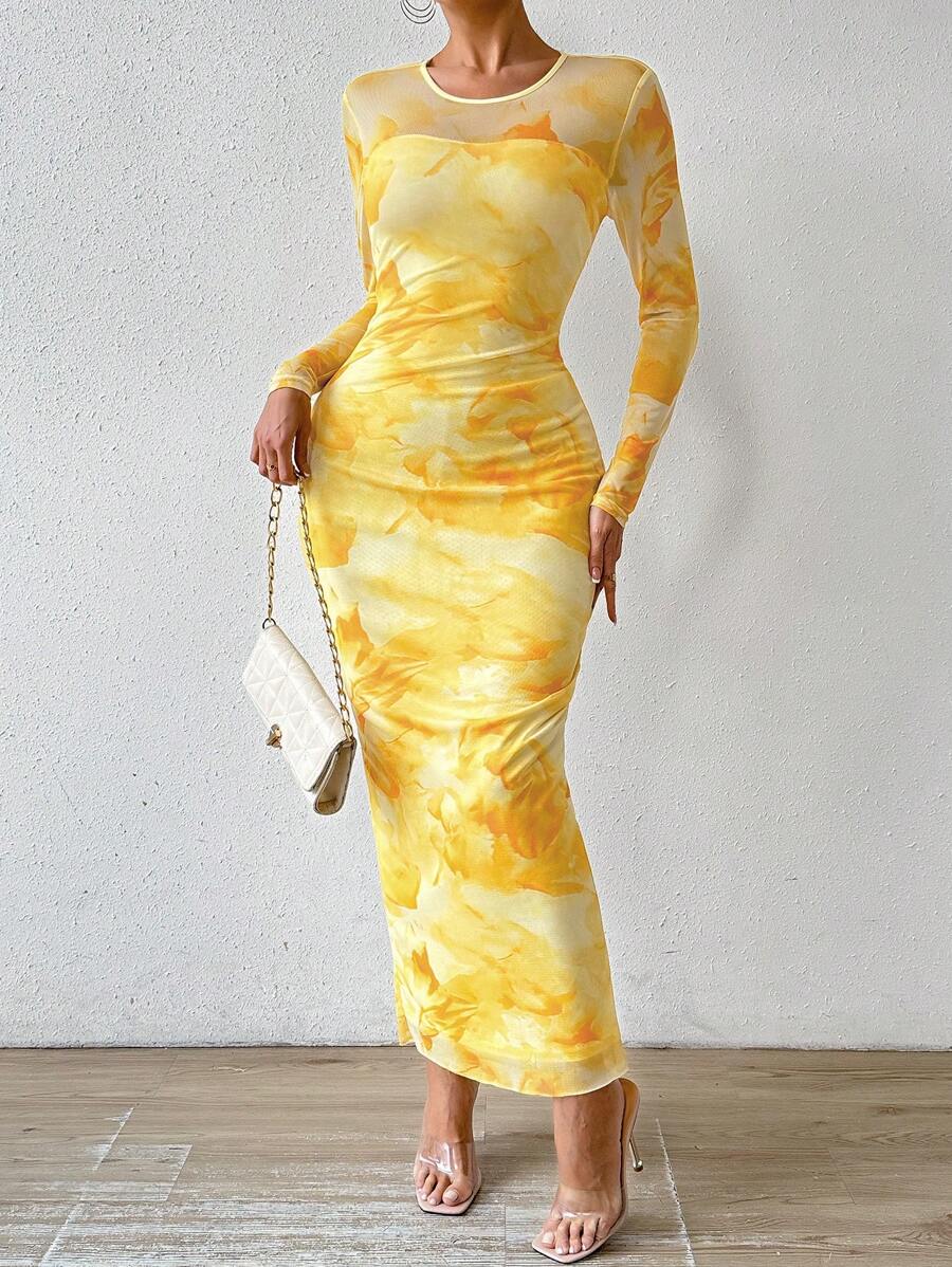 SHEIN ChicEase Women Fashionable Yellow Long Sleeve Bodycon Dress Maxi Women Outfit Fall Cloth For Women - Yellow - View 1