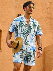 Set de playa para hombres con estilo vacacional de camisa y pantalones cortos con estampado de hojas de árbol - Multicolor - Ver 4