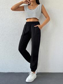 EURMUSE Women Stripe Detailed Top And Sweatpant - Black and White - View 4
