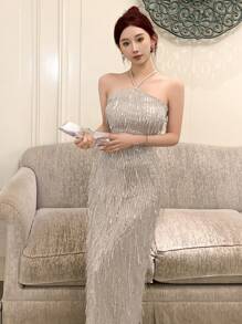 DAZY Homecoming Sparkly Halter Midi Bodycon Dress For Women, Birthday ,New Year Eve Prom Dress Party Women Sundress
