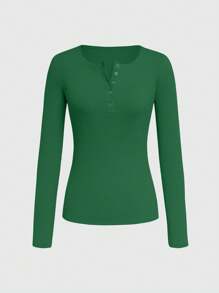 INAWLY Solid Color Waffle Knit Button Half Placket Slim Fit Long Sleeve T-Shirt Fall Cloth For Women - Green - View 3
