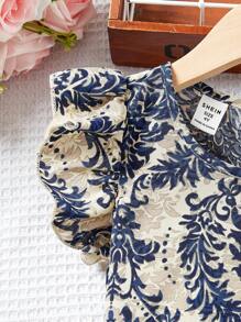 Young Girl's Floral Satin Print Ruffle Armhole Top And Wide Leg Pants With Belt Set