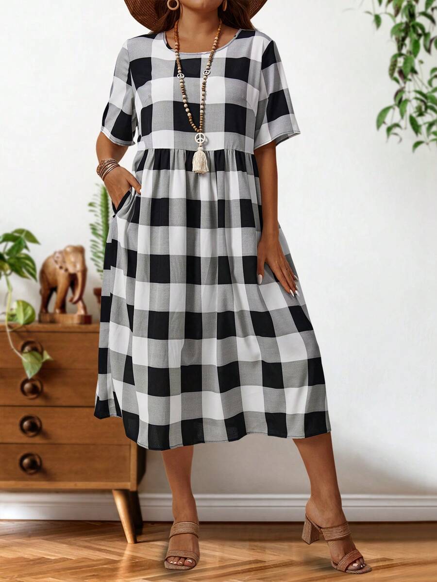 EMERY ROSE 大尺碼女士夏季格紋口袋圓領短袖a字裙 - 黑與白 - 查看 1
