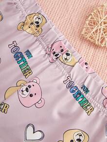 Tween Girl Áo thun ngắn tay in chữ và gấu dễ thương và bộ đồ ngủ chạy bộ, mùa hè - trắng - Xem 5