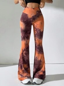 SHEIN EZwear Women's Spring And Autumn Tie Dyeing Flared Pants With V-Shaped Waistband