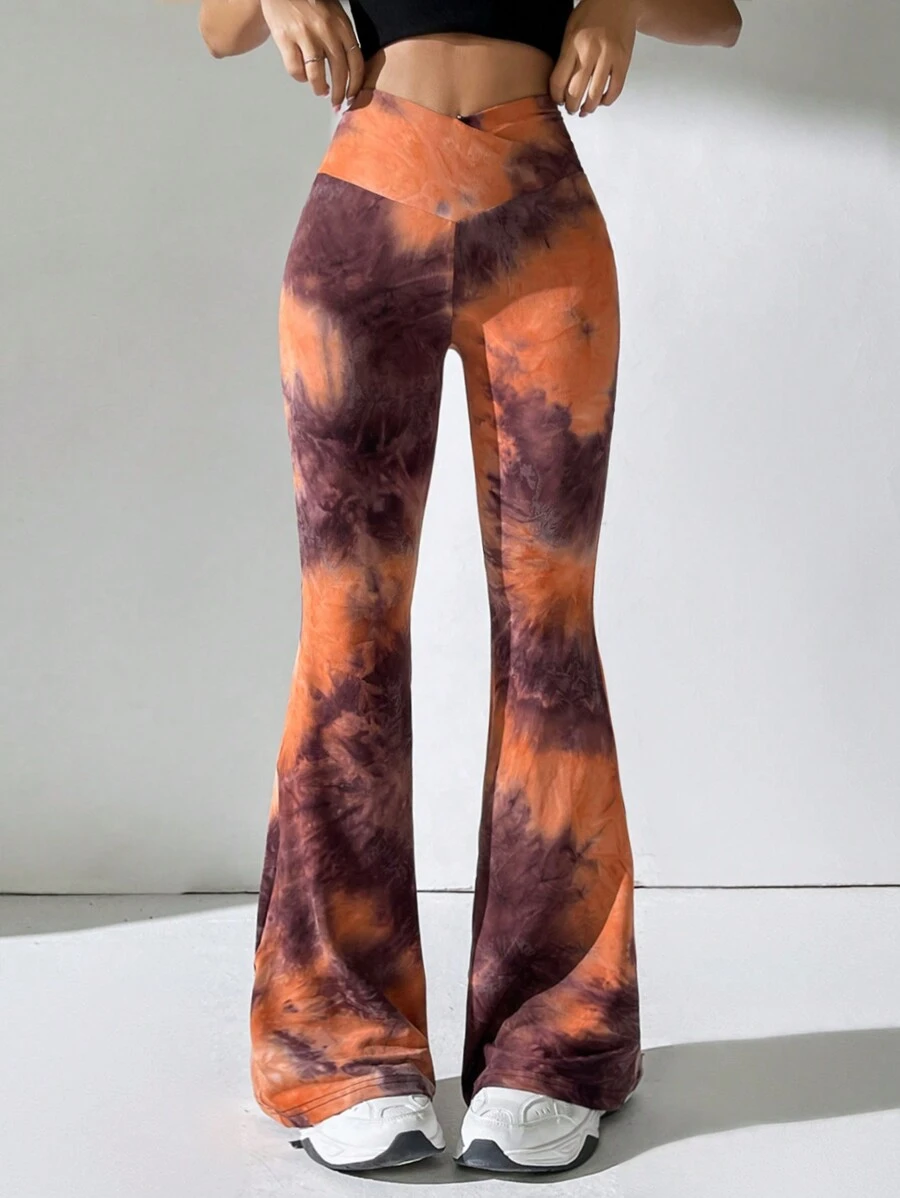 SHEIN EZwear Women's Spring And Autumn Tie Dyeing Flared Pants With V-Shaped Waistband