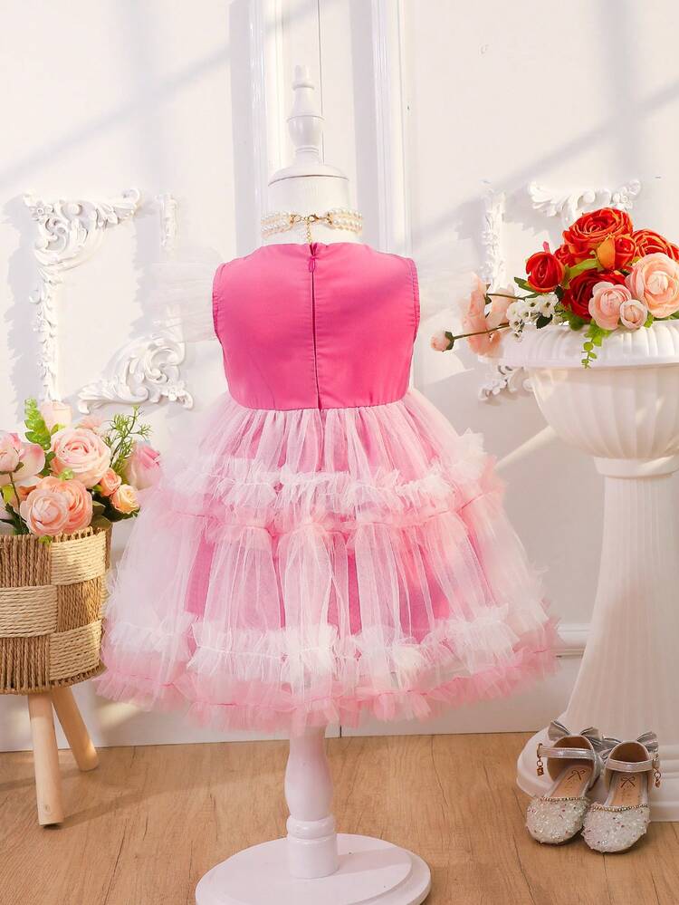 Baby Girl Color Block Mesh Splicing Princess Dress, Perfect For Birthday Party, 1 Year Old