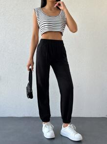 EURMUSE Women Stripe Detailed Top And Sweatpant - Black and White - View 5