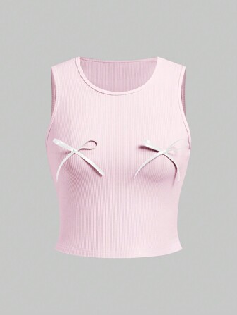 Kawaii Linda y elegante camiseta sin mangas ajustada para mujer decorada con lazo, estilo de moda