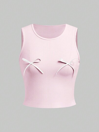 Kawaii Linda y elegante camiseta sin mangas ajustada para mujer decorada con lazo, estilo de moda