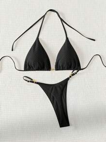 SHEIN Swim 夏季海滩女士度假纯色吊带比基尼套装带分体比基尼套装 - 黑色 - 查看 5