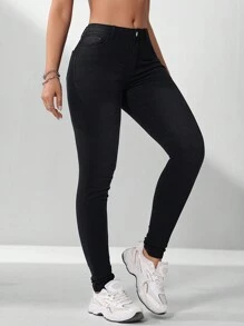 EMERY ROSE Slim Fit Denim Jeans With Slanted Pockets And Button Closures, Casual And Versatile - Black - View 5