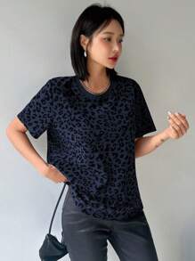DAZY 豹纹圆领宽松短袖T恤女夏季秋季服装 - 藍色 - 查看 5