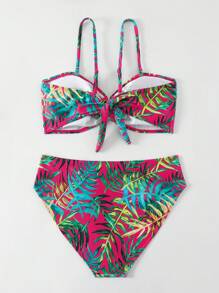 SHEIN Swim 夏季海滩女士海滩度假植物印花比基尼套装 - 彩色 - 查看 7