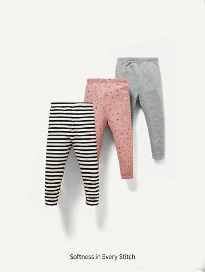 嬰兒女童條紋和圓點印花純色褲子3入組