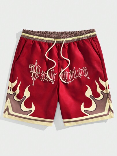 Street Life Herren Basketball Shorts mit Buchstaben- und Flammen-Muster, Tunnelzug Taille, Schule