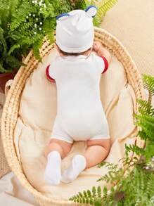 SHEIN Nouveau-né Garçon Barboteuse À Manches Courtes Boutonnée Style Chinois Avec Col Mandarin, Chapeau Tête De Tigre Et Ensemble De Pantalons Assortis