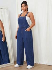 SHEIN EZwear Kích thước lớn Của phụ nữ Giải trí Quần yếm Với Túi Và Lỏng lẻo phù hợp - Màu xanh lam - Xem 5