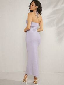 L'Amorae Textured Tie Halter Top & Skirt Two Piece Set