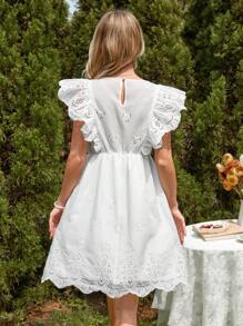 SHEIN Maternity Nursing Hollow Out Embroidery Dress With Ruffle Trim - White - View 2