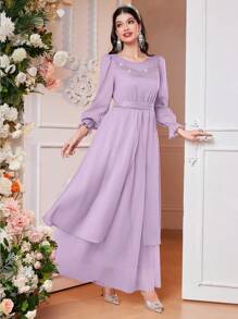 Modelyn Damen Arabisches Kleid mit Strass Dekoration, Rüschenärmeln und Taillengürtel Abendkleid