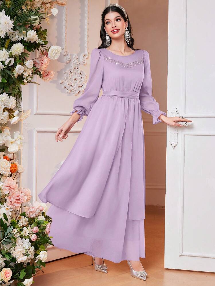 Women's Arabian Dress With Rhinestone Decoration, Flounced Sleeves, And Waist Belt Long Evening Dresses