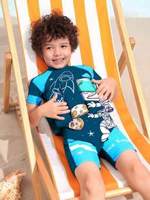 Áo tắm một mảnh bãi biển mùa hè cho bé trai trẻ có in hình tên lửa và khủng long - Màu xanh lam - Xem 6