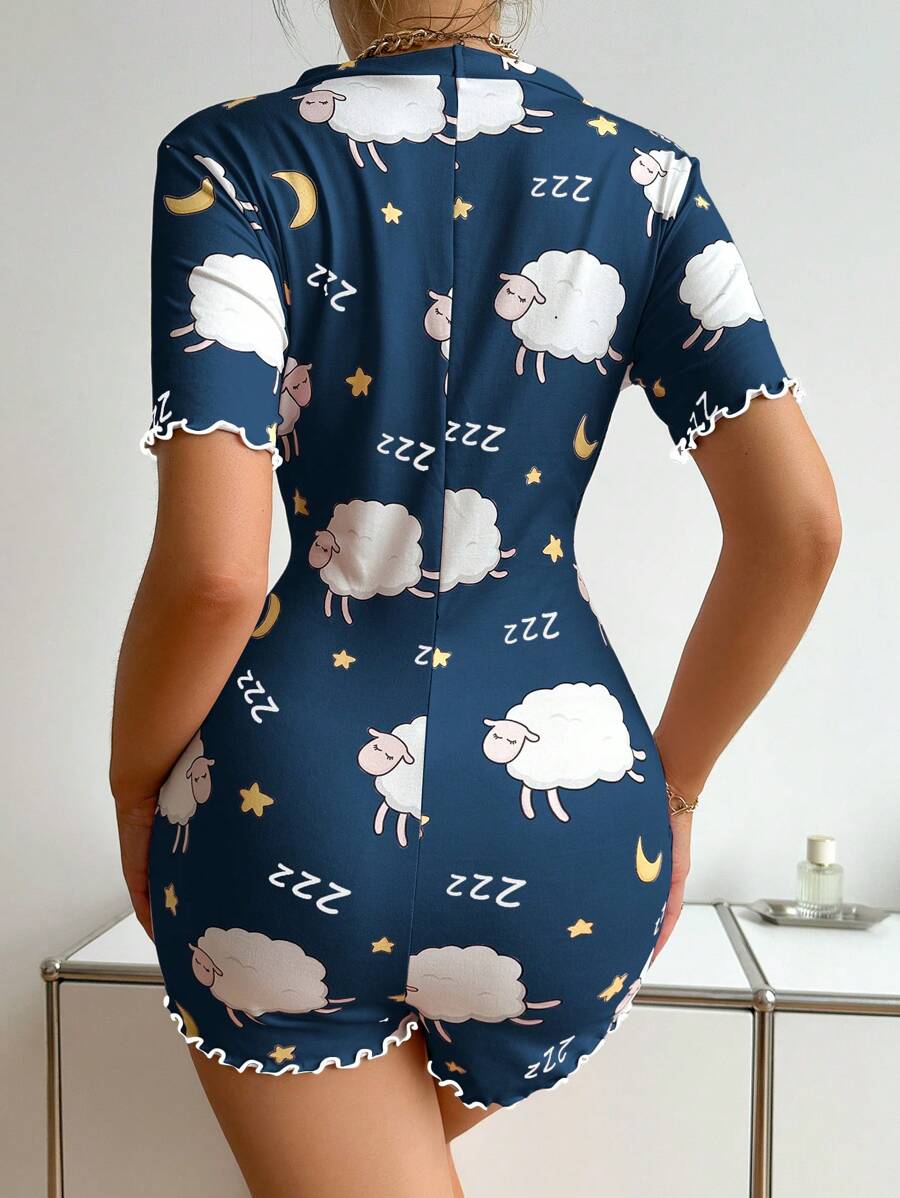 Women Cartoon Sheep Printed Short-Sleeve Shorts Romper Pajamas | SHEIN UK