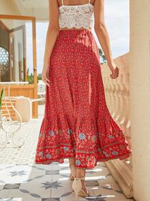 Real Shots Summer New Printed Button Front Slit Hem Skirt, Beach Resort Vacation Wear - Red - View 2