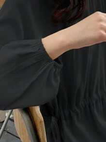 DAZY 女式春秋长袖圆领纯色宽松中长连衣裙 - 黑色 - 查看 4