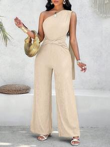 Zolique Solid Color Asymmetrical Neck Tie Waist Wide Leg Jumpsuit For Spring/Summer - Apricot - View 1