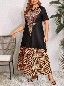 Mulvari Plus Size Women's Tiger Pattern Patchwork Short Sleeve Arabic Clothing