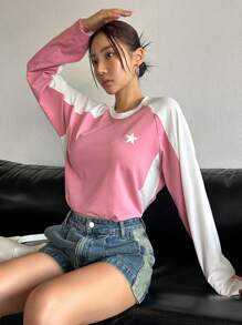 DAZY Color Contrast Star Printed Long Raglan Sleeve T-Shirt Y2k Long Sleeve Women Tops - Multicolor - View 6