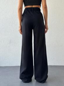 EURMUSE Women Solid Waist Detailed Pants - Black and White - View 2