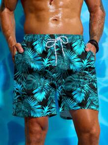 Manfinity VDAYZ Shorts de playa con estampado de hojas y cordón en la cintura para hombre, estilo hawaiano