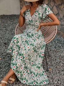 Real Shot Summer New V-Neck Short Sleeve Printed Dress European And American Fashion Elegant Slimming And Large Swing Dress