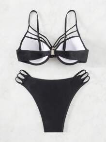 Swim SXY Ladies' Hollow Out Solid Color Bikini Set For Vacation, Summer Beach - Black - View 4