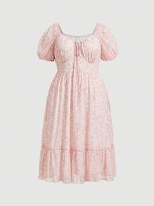 SHEIN MOD 大尺碼女性休閒泡袖花卉連衣裙，典雅淑女風格，夏季款 - 粉色 - 查看 1