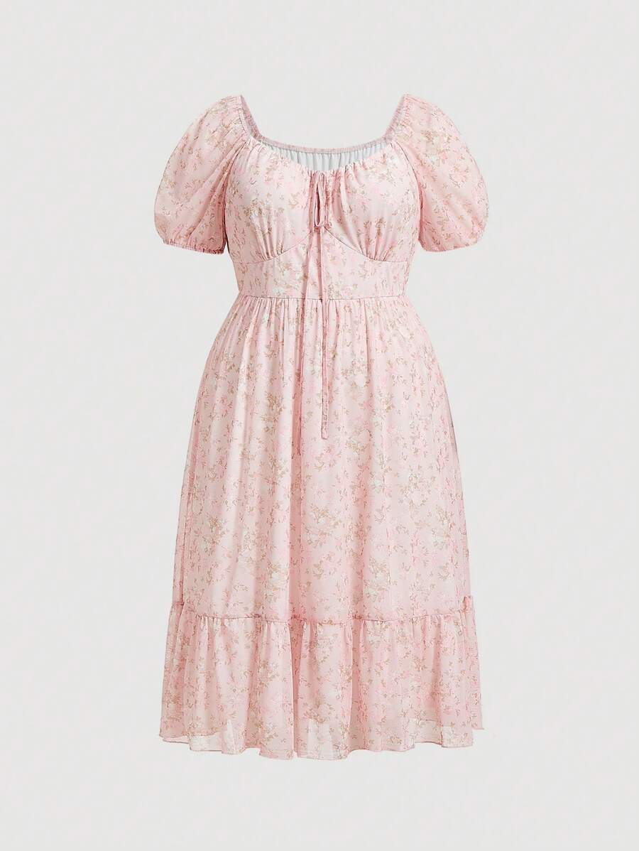 SHEIN MOD 大尺碼女性休閒泡袖花卉連衣裙，典雅淑女風格，夏季款 - 粉色 - 查看 1