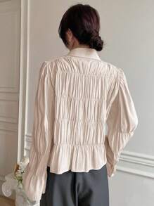 DAZY Chemise longue pour femmes à manches longues et à manches longues à col en plis de couleur unie pour le printemps/été - Nude - Voir 2