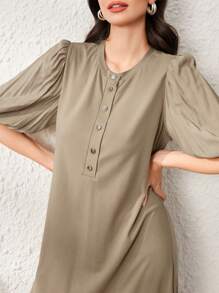 Seusyu Women's Button Front Puff Short Sleeve Dress - Army Green - View 1