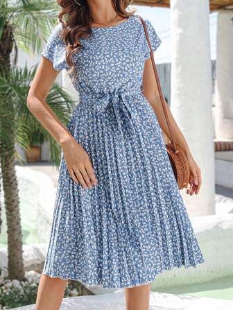 Spring/Summer New Boho Style Round Neck Short Sleeve Tie-Up Ditsy Floral With Layered Hem Casual Dress