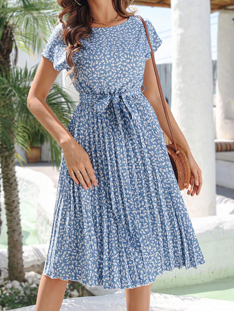 春夏新款波西米亚风圆领短袖系带碎花层叠下摆休闲连衣裙，优雅度假风 - 藍色 - 查看 1