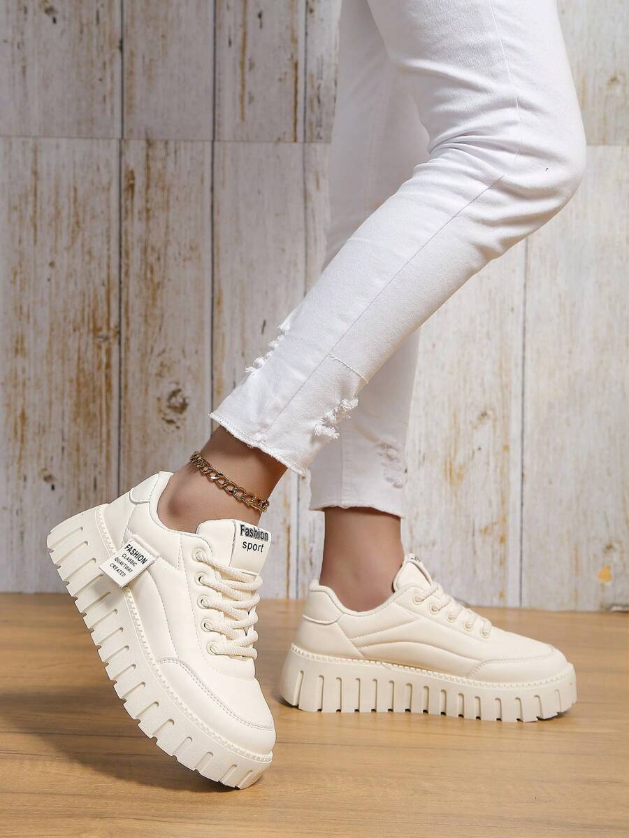 Spring And Summer Thick-Soled Hollow Out Women Sports Shoes, White Casual Shoes For Women In Large Size To Boost Height With Platform - Beige - View 1