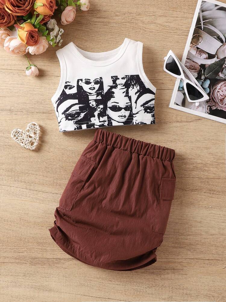 2pcs Baby Girls' Fashionable Character Print Sleeveless Cropped Top With Round Neckline And A-Line Skirt With Pocket And Pleats Details For Summer